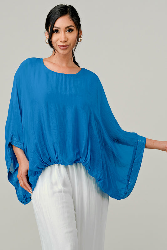 RAW MODA SEQUIN SLEEVES ITALIAN ELASTIC TOP Top Raw Moda One Size Blue 