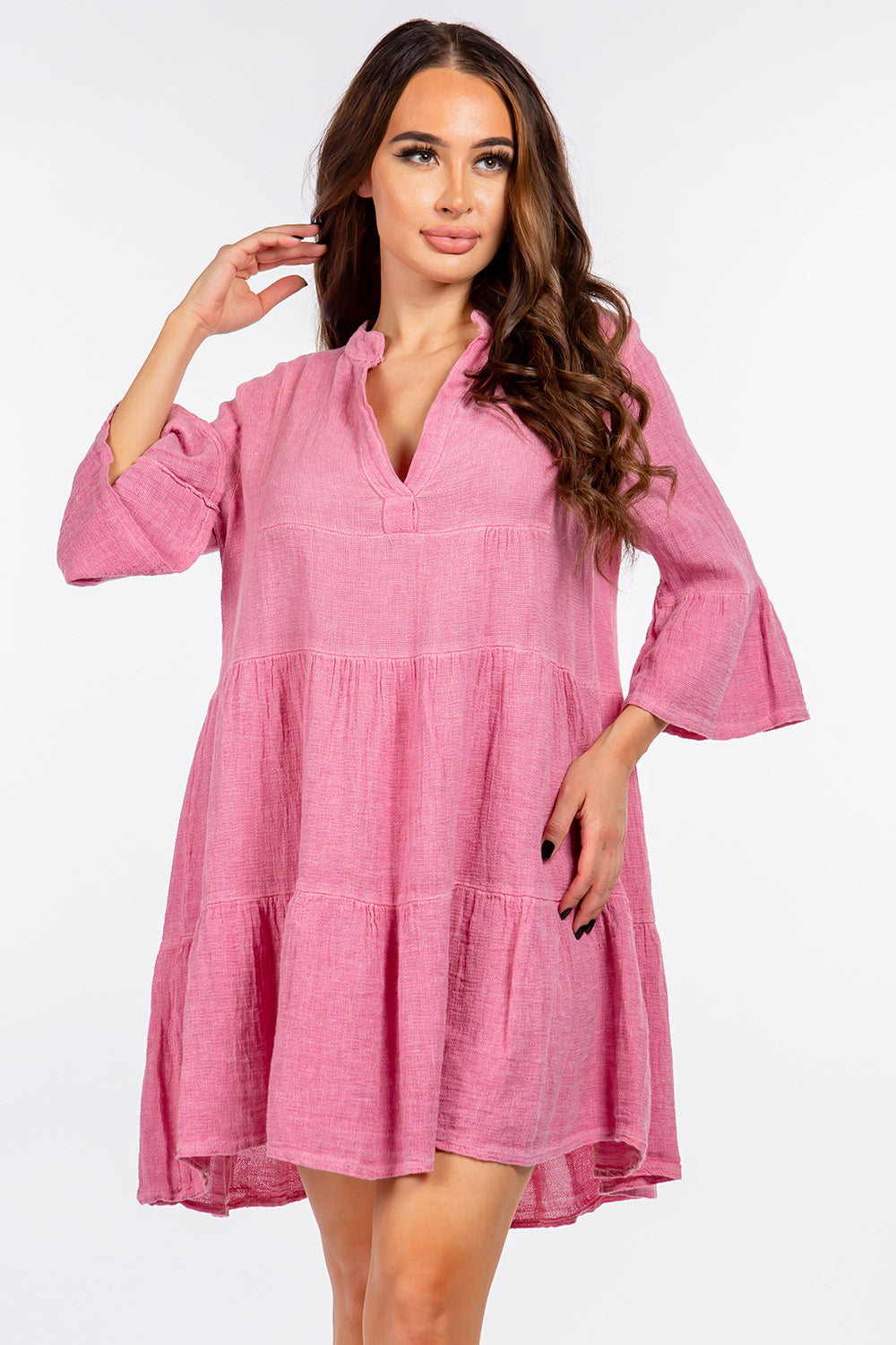 Raw Moda Italian V neck Linen Ruffle Dress Apparel & Accessories Raw Moda   
