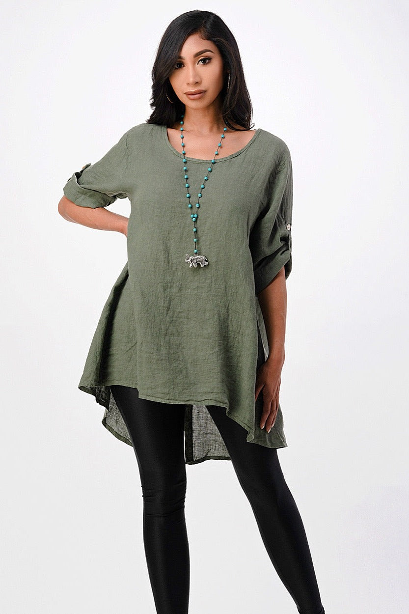 Long Italian Linen Button Back Top Tunic Top Raw Moda   