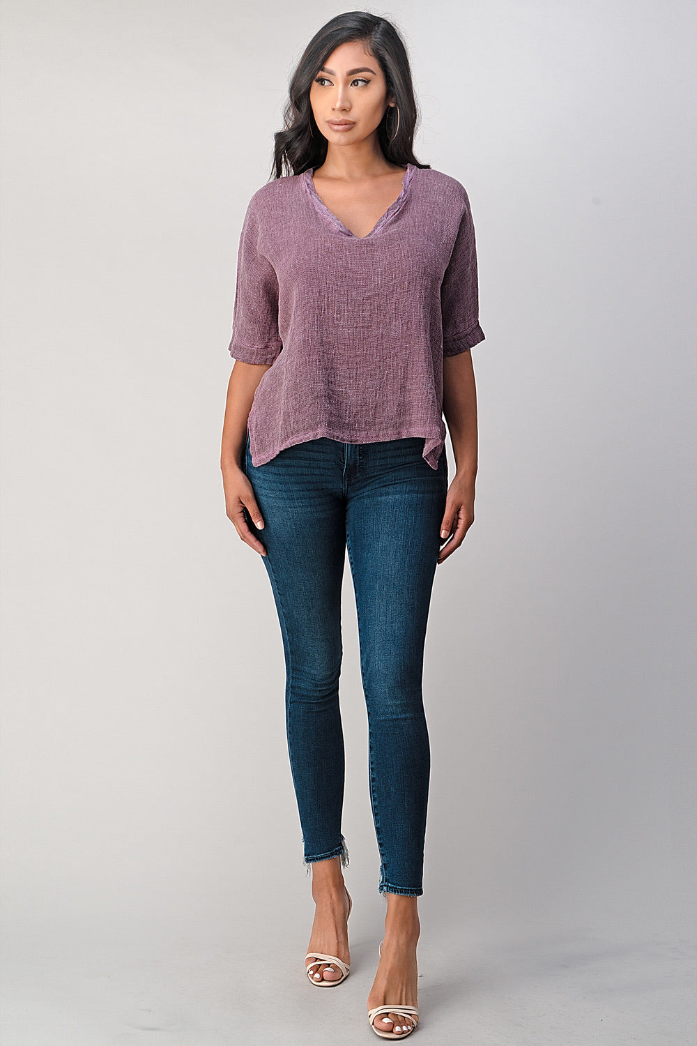 Italian Linen V Neck Top Long Back Raw Moda Top Raw Moda   