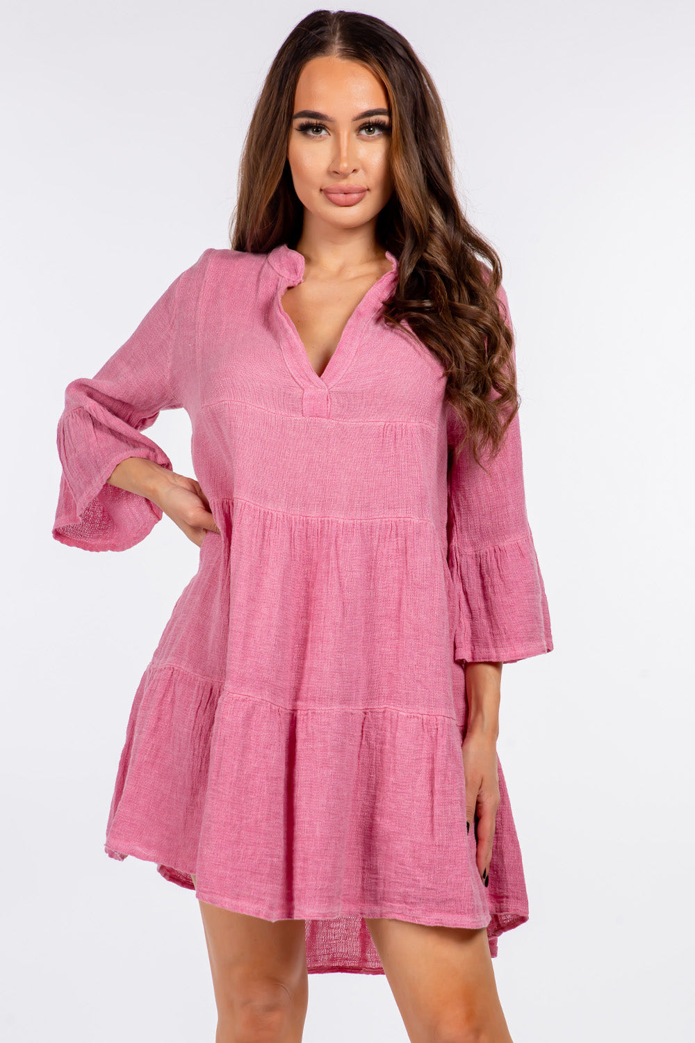 Raw Moda Italian V neck Linen Ruffle Dress Apparel & Accessories Raw Moda One Size Pink 