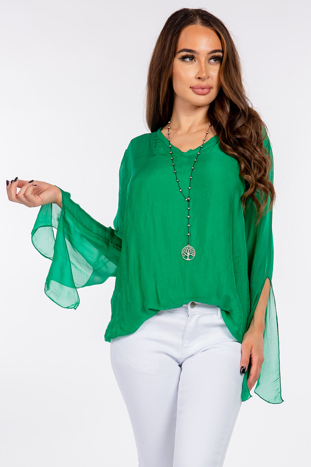 Raw Moda Italian SLIT Sleeves Silk Top Top Raw Moda One Size Forest Green 