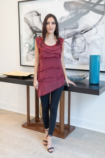 Sleeveless Italian Silk Ruffle Top Top Raw Moda One Size Burgundy 