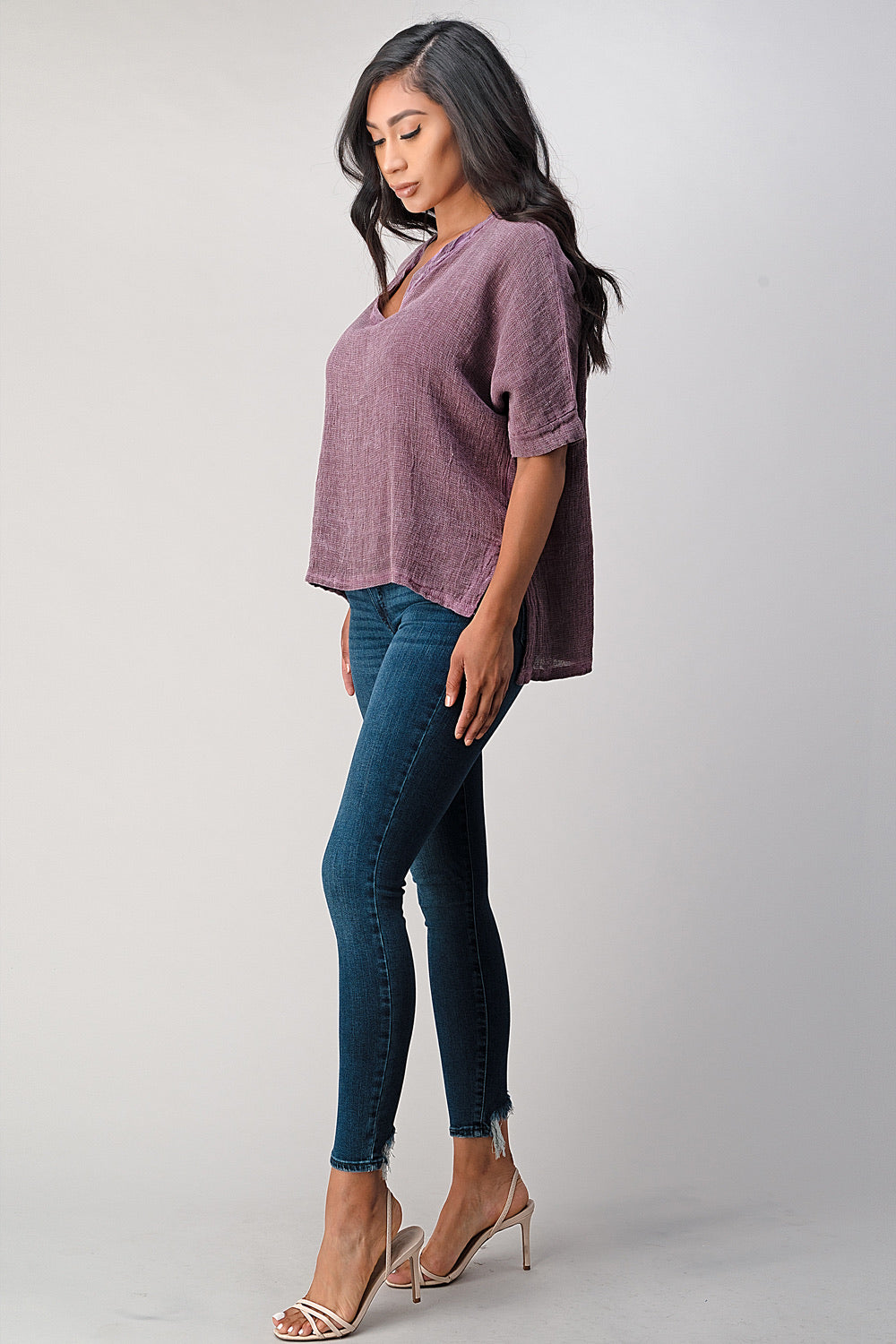 Italian Linen V Neck Top Long Back Raw Moda Top Raw Moda   