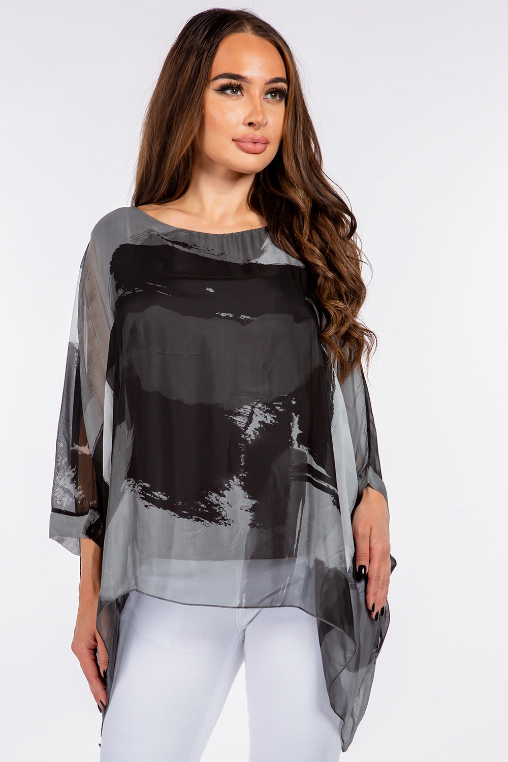Italian Hand Painted Pattern Raw Moda Silk Top Top Raw Moda One Size Charcoal 