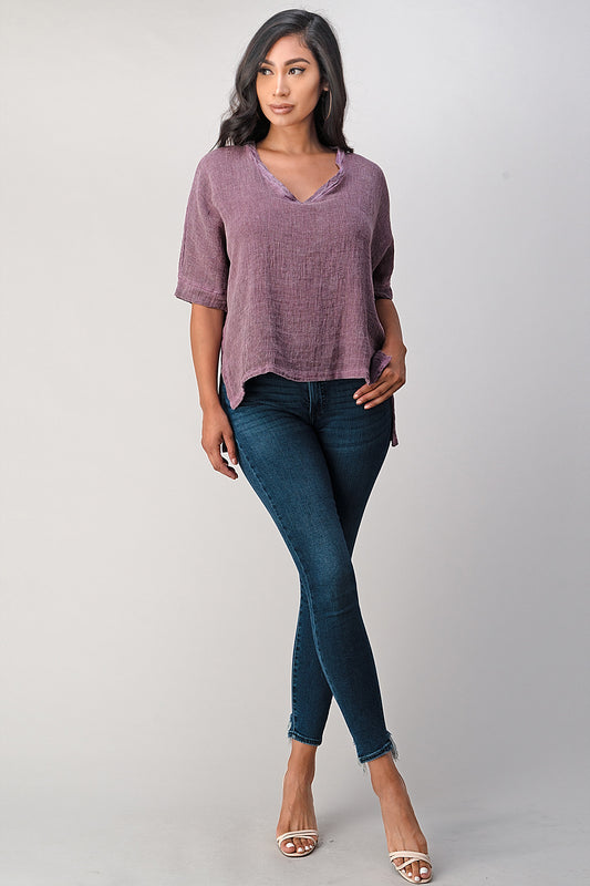 Italian Linen V Neck Top Long Back Raw Moda Top Raw Moda One Size Purple 