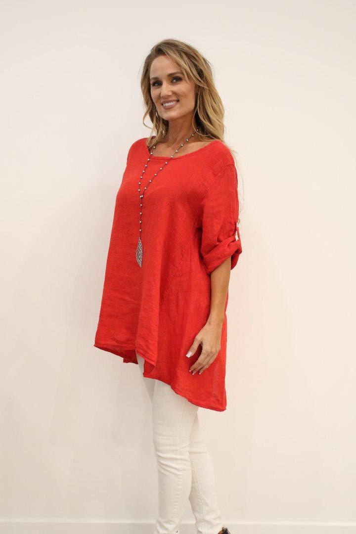 Long Italian Linen Button Back Top Tunic Top Raw Moda   
