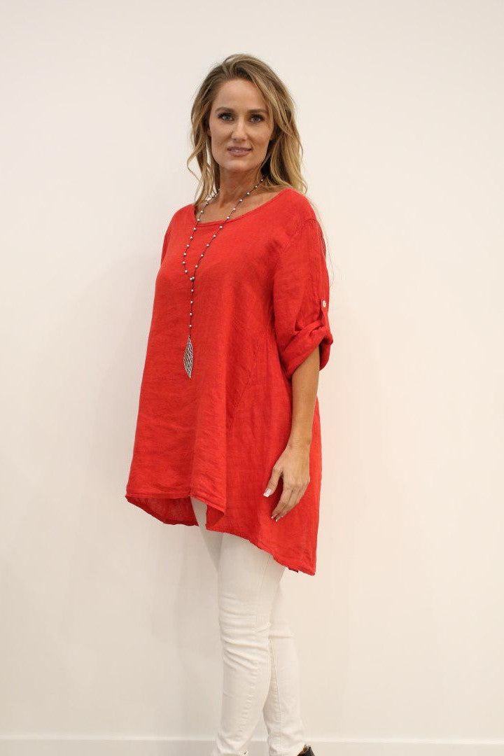 Long Italian Linen Button Back Top Tunic Top Raw Moda   