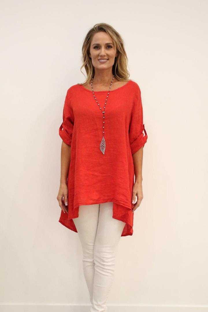 Long Italian Linen Button Back Top Tunic Top Raw Moda   