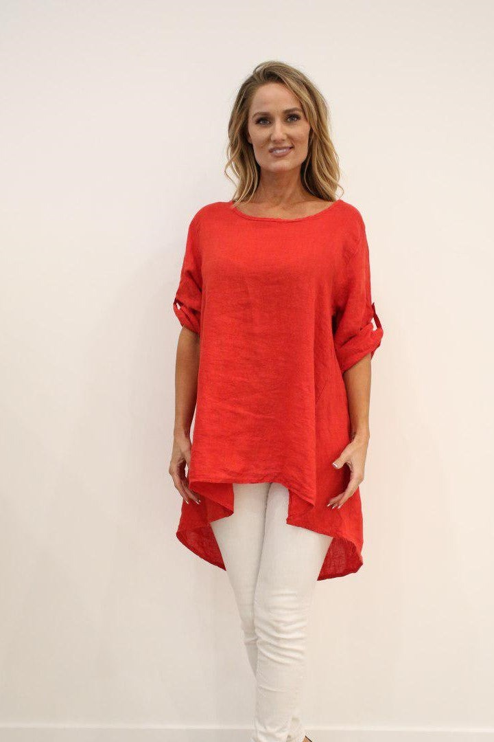 Long Italian Linen Button Back Top Tunic Top Raw Moda One Size Red 