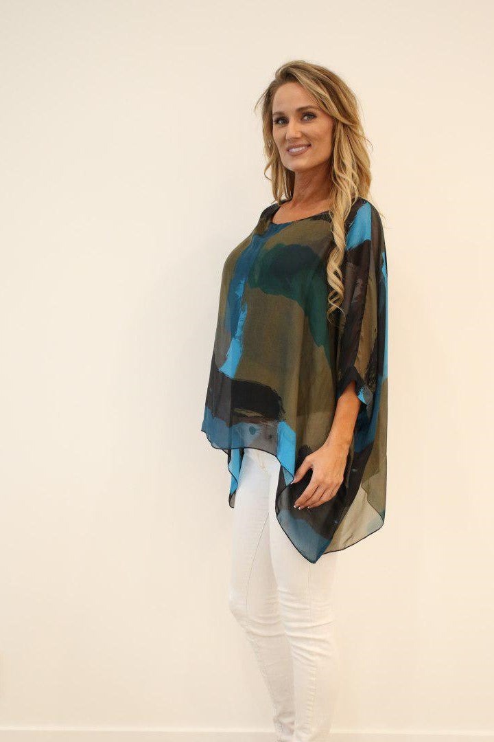 Italian Hand Painted Pattern Raw Moda Silk Top Top Raw Moda   