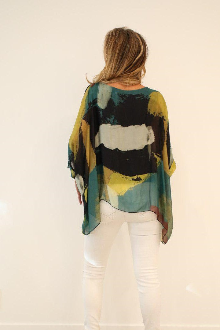Italian Hand Painted Pattern Raw Moda Silk Top Top Raw Moda   