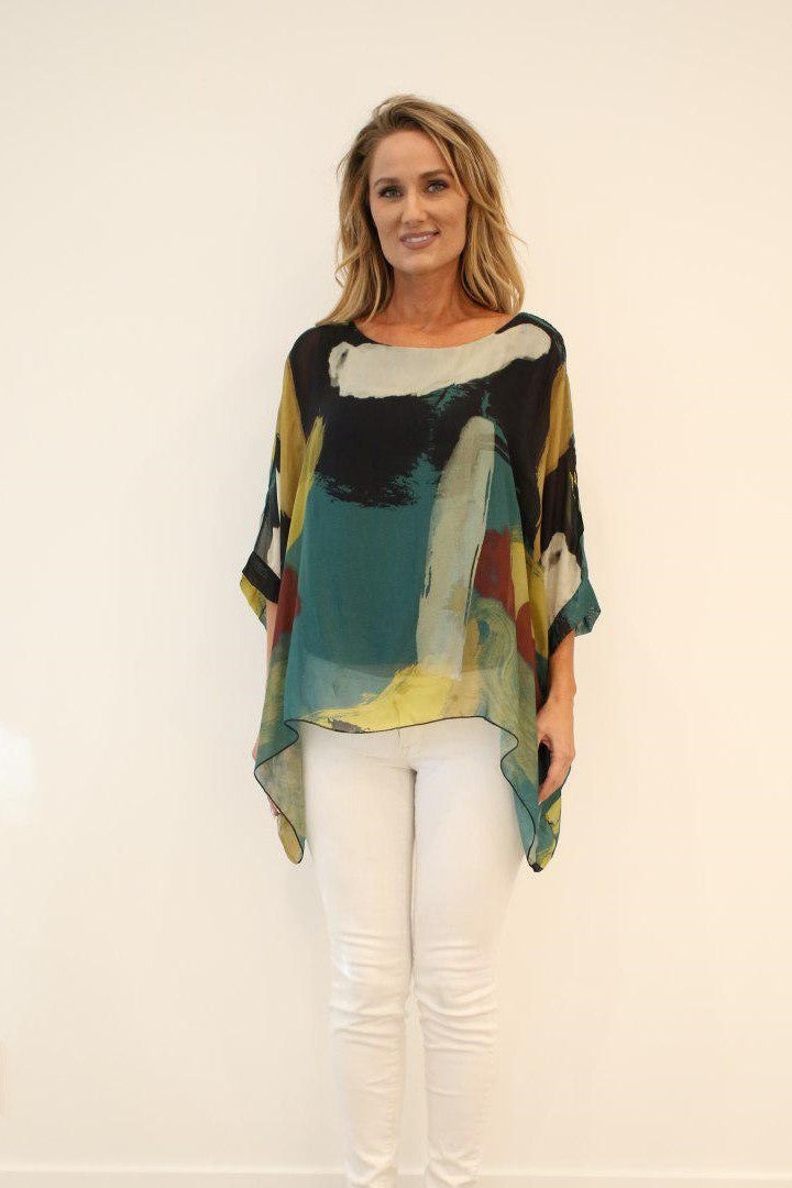 Italian Hand Painted Pattern Raw Moda Silk Top Top Raw Moda One Size Mustard 