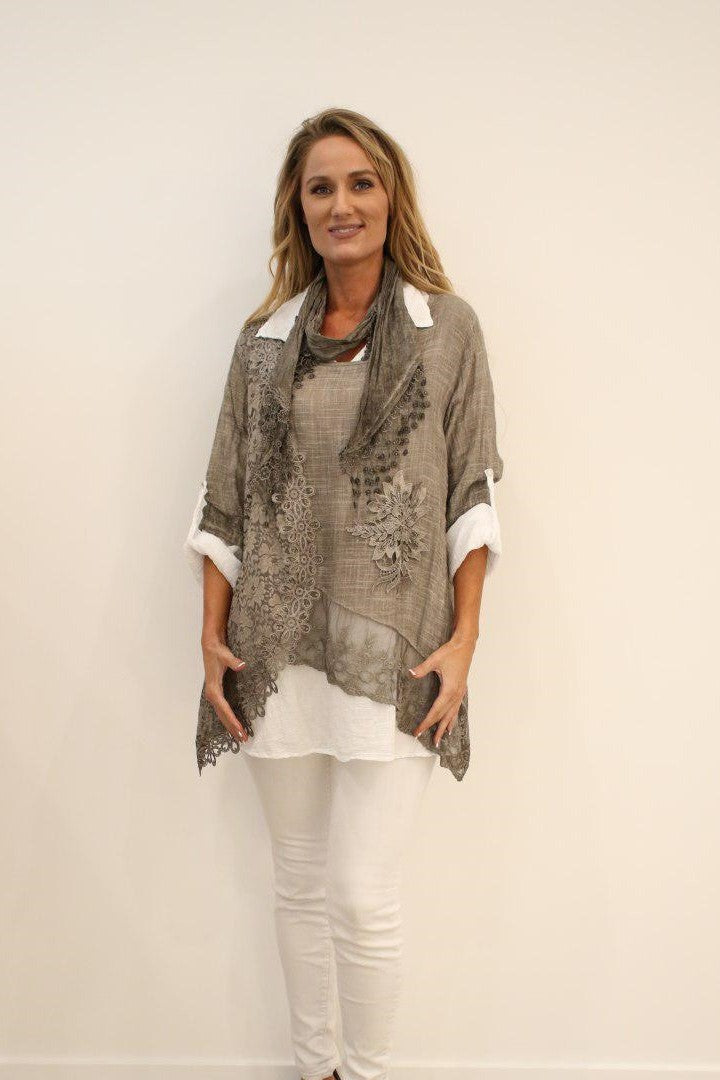 Lace Italian Blouse Shirt Top Debora in Three Piece RawModa Top Raw Moda One Size Taupe 